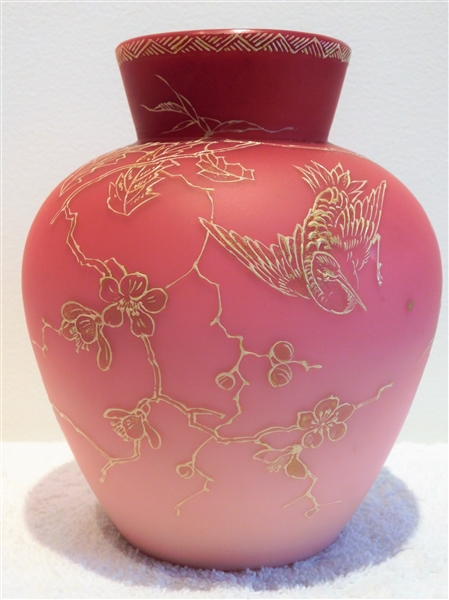 Case Peach Blow Glass 6" Vase with Gold Threading Detail of Bird and Butterfly