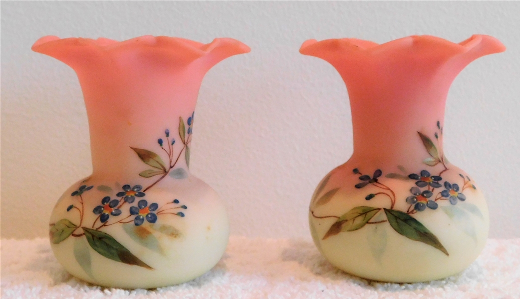 Pair of Signed Webb Burmese Satin Decorated  Vases  - Overall Flower Decoration - 3 1/2" tall 