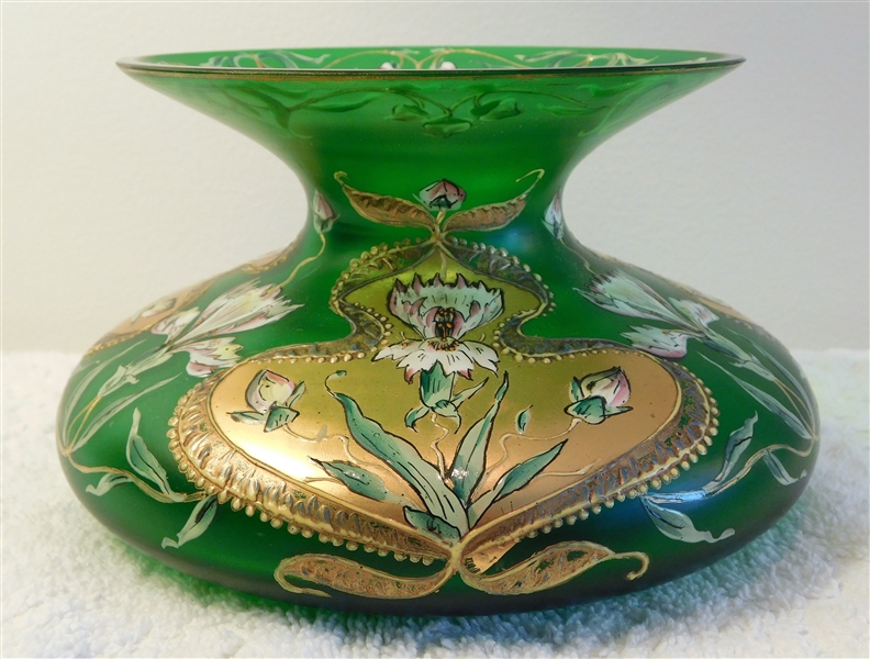 Outstand Art Nouveau Green Venetian Glass with Applied Gold Decoration - Hand Painted Flowers - 4 1/4" tall 6" Across and Top - 7 1/2" at Base