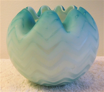 Blue Satin Glass Rose Bowl with Herringbone Decoration - 4" tall 4 1/4" wide