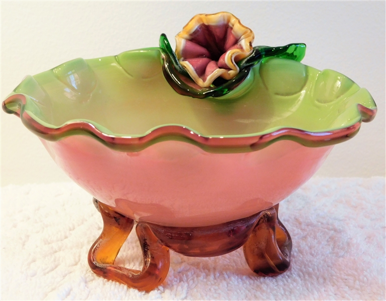 Unusual Art Glass Bowl with Applied Floral Decoration Ribbon Feet - 3 1/4 tall 6 1/4" wide
