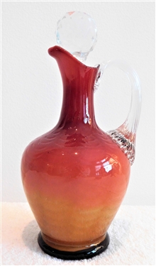 Wheeling Peachblow Drape Cruet with Clear Ribbed Applied Handle 7 1/2" to top of stopper width 3 3/4"