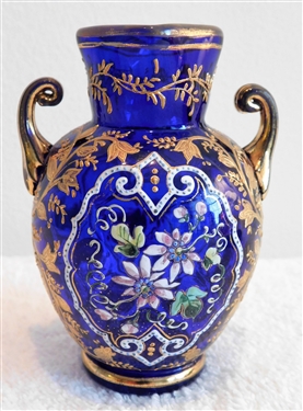 Beautiful Gold Decorated Cobalt Blue Miniature Urn Shaped Vase - Venetian Glass - 3 3/4" tall 2 1/2" wide