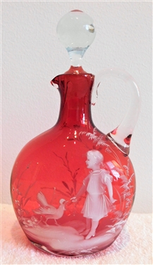 Mary Gregory Cranberry Cruet with Clear Applied Handle - 7 1/4" tall to top of Stopper