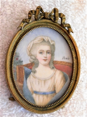 Miniature Hand Painted Portrait on Ivory Signed Mab - Brass Frame - 2 1/2" by 1 1/2"