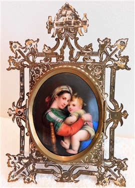 Hand Painted Portrait on Porcelain in Nice Metal Hinged Frame - Frame Measures - 7" by 4 3/4"