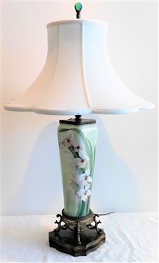 Hand Painted Porcelain Orchid Table Lamp with Brass Gallery Base Green Glass Finial  - Measures 29" to top of Finial - Great Shade 