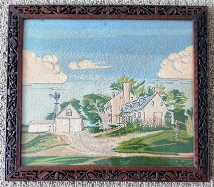 Elizabeth C. Stirling "Airy Hill" Backyard  - Original Floss Embroidery in Pierced Frame - Tag on Reverse - Frame Measures 13" by 14 3/4"