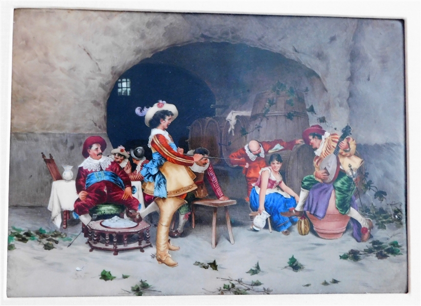 Hand Painted Scene on Porcelain - Framed and Matted - Frame Measures 12 1/4" by 14 1/4"