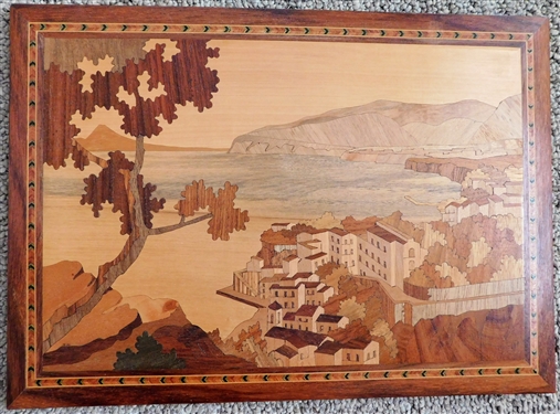 Wood Inlaid Art with and Incredible Variety of Woods - Micro Mosaic Trim around Edge - Measures 10" by 14"