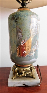 Asian Porcelain Koi Fish Table Lamp - Hand Painted Gold Decoration - Marble Base - 22 1/2" tall 