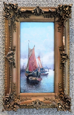Artist Signed L. Perla Ship Painting on Canvas - Artist Karl Kaufmann - in Gold Frame - Frame Measures 17" by 11" - Frame Has Some Damage