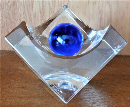 Signed Daum France Paperweight with Cobalt Blue Orb - 2 3/4" by 4"