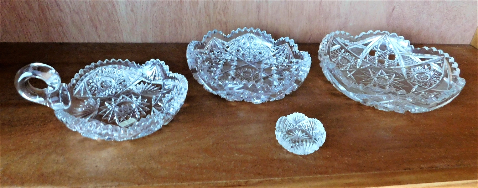 4 Pieces of Cut Glass including Salt Dip, Nappy, and 2 Low Bowls 6" and 6 1/2" 