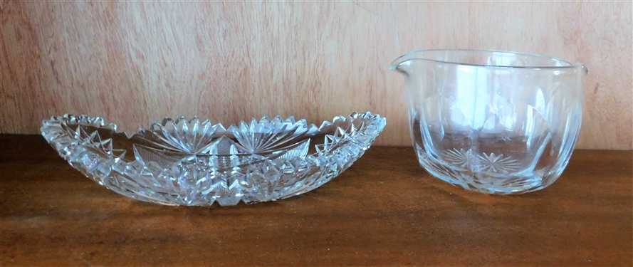 Cut Glass Oval Dish 9" by 5" and Glass Bowl with Double Pouring Spouts - 4" tall 