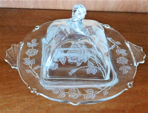 Elegant Glass Square Butter Dish with Horse Shaped Finial - Etched Roses - 3 1/2" Handle to Handle 8" by 7"
