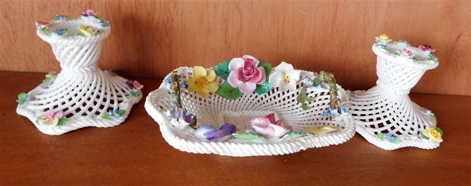 Staffordshire England Floral Basket of Flowers 2" tall 5 1/2" by 4 1/2" and Pair of Denton China Floral Candle Sticks 2 3/4" - All Flowers Appear to Be in Good Condition 