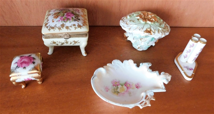 5 Small Hand Painted  Porcelain Items including Ladies Card Holder, 2 Boxes, and Others - Smallest Box Measures 1 1/2"
