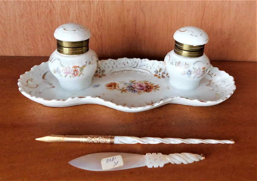 Hand Painted Porcelain Ink Well Set with Mother of Pearl Letter Opener and Pen
