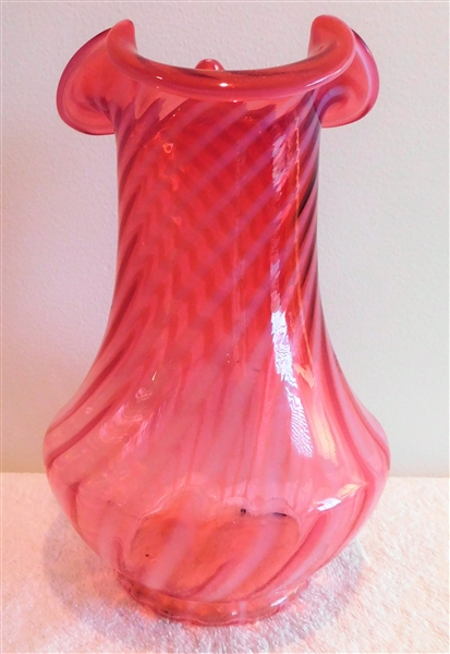 Tall Cranberry Opalescent Swirl Vase - 9 1/2" tall 