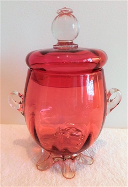 Hand Blown Cranberry Glass Covered Dish with Clear Applied Handles and Base - 9 1/2" tall 4 1/2" across