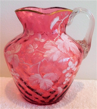 Hand Painted Cranberry Coin Spot Pitcher with Clear Ribbed Applied Handle - 6 3/4" tall 