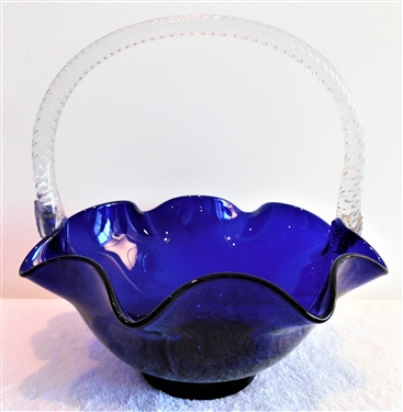 Large Morgantown Cobalt Blue Glass Basket with Clear Ribbed Applied Handle - 10 1/2" tall 9 1/2" Across
