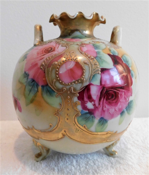 Hand Painted Porcelain Footed  Vase with Gold Decoration - 5 3/4" tall 