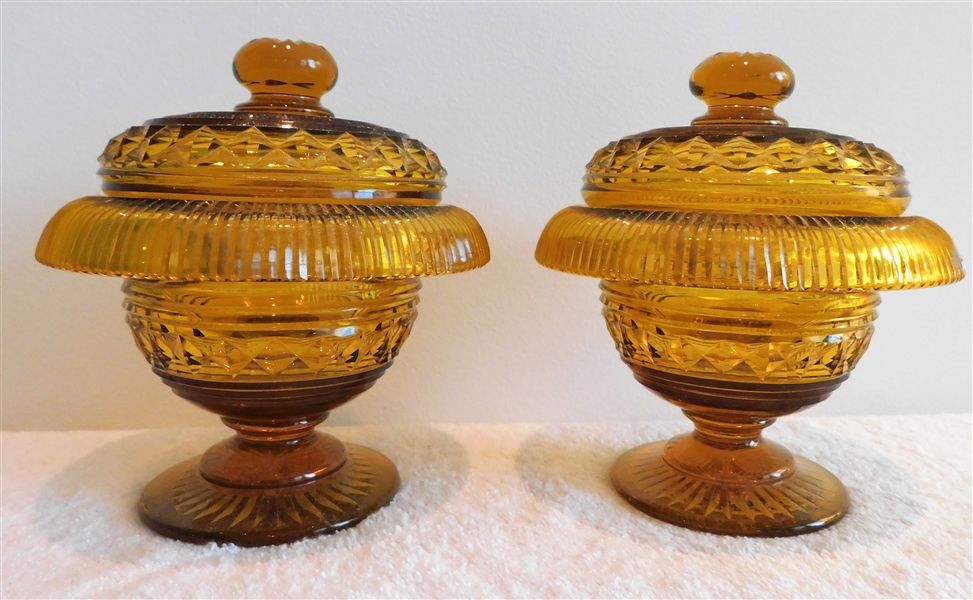 Pair of Elegant Amber Cut Glass  Jars - 6 1/2" tall 