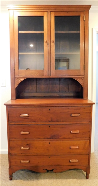 Late 1800s Walnut Offset Cupboard 2 Glass Doors at Top 4 Drawers at Bottom - Wood Pulls - 2 Pieces - Turned Feet - Fine Dovetailed Drawers - 88" 21 1/2" by 43"