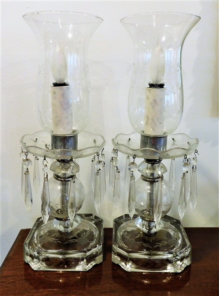 Pair of Etched Crystal Candle Lamps with Prisms - 16" tall 