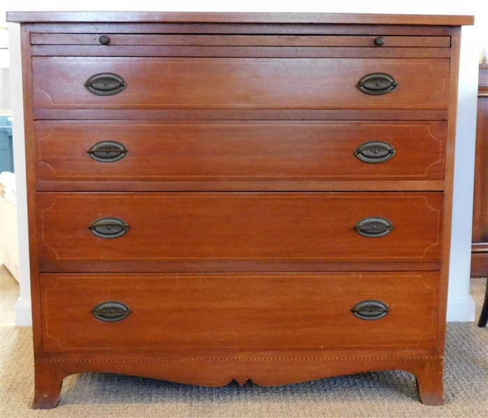 Mahogany Inlaid 4 Drawer Bachelors Chest - Pull out Writing Surface - Dovetailed Drawers 34" 35" by 22"