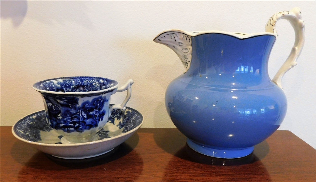 Flow Blue Cup and Saucer Set and 6" Blue and White Pitcher