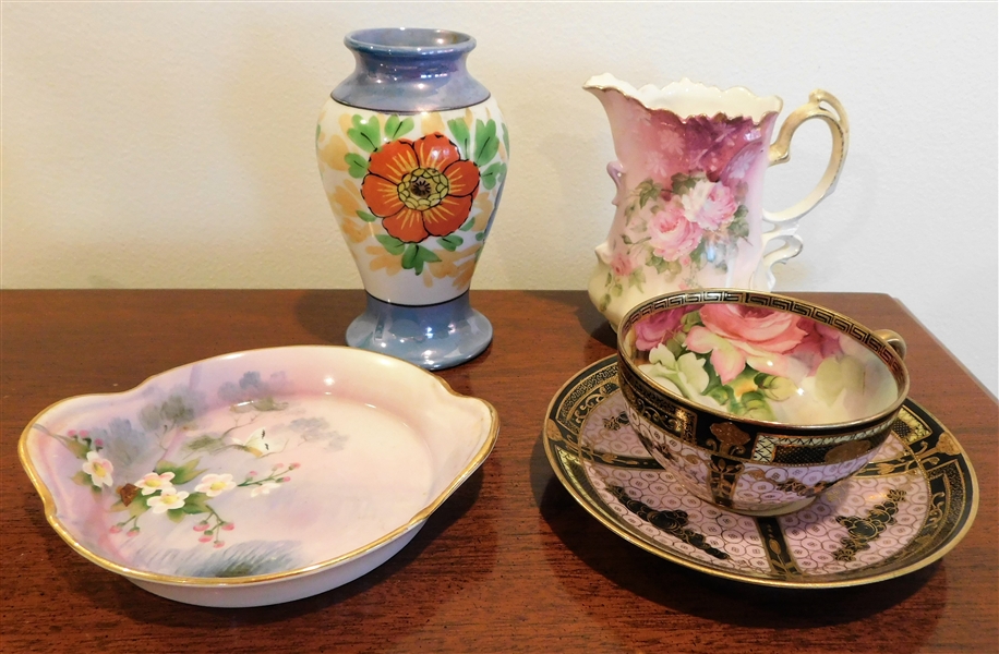 5 Pieces of Hand Painted Porcelain including Noritake Cup and Saucer Noritak Dish with Butterfly, and 5 1/4" Hand Painted Japan Vase