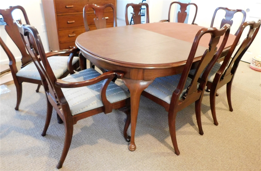 Hickory Chair Mahogany Table and 8 Chairs 1 Leaf, with Fitted Pads - Table to has Some Surface Issues - Table Measures 56" long by 44" Wide with out the leaf- Leaf is 20"