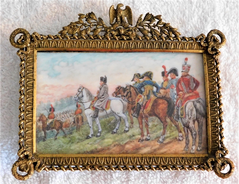 "Napoleon At Gena" Hand Painted Scene on Porcelain - Framed -- Frame Measures 4 1/2" by 3" Not including Eagle Crest