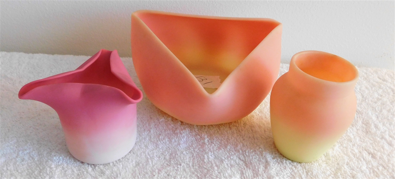 3 Pieces of Burmese Peach Blow - Including Bowl 2 1/2" tall 5" Across, Toothpick Holder, and Other