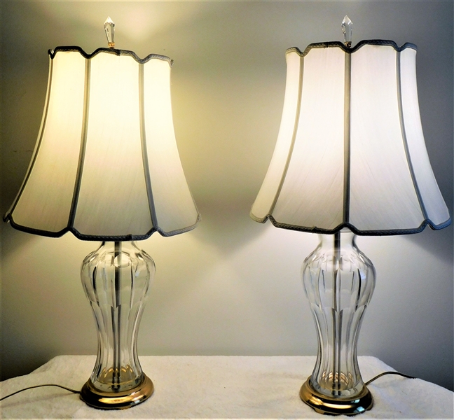 Pair of Brass and Crystal Lamps - Nice Shade - 32" Tall - 1 Lamp has Some Minor Chips