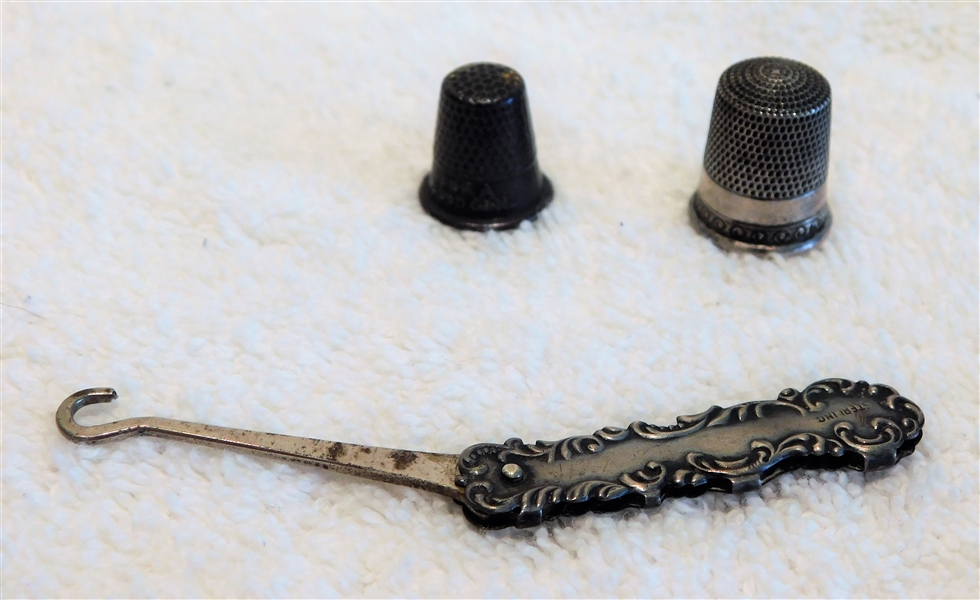 Sterling Silver No7 Thimble, Sterling Silver Button Hook, and Childs Thimble "For A Good Girl"
