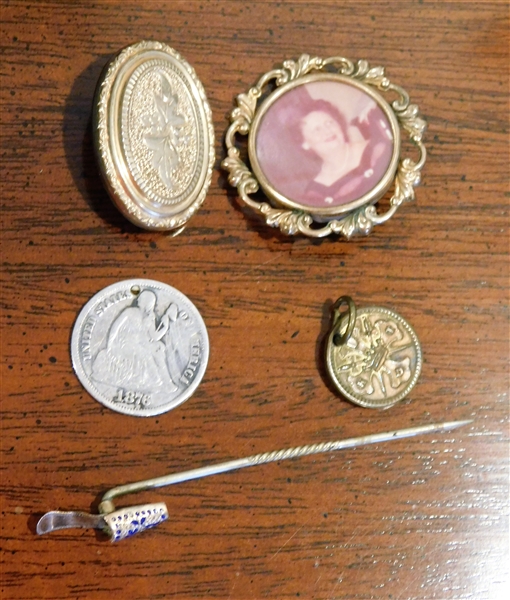Gold Tone Stick Pin, Locket, Brooch, 1876 Dime Monogrammed , and Other Small Pendant