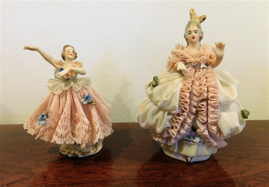 2 Dresden Lace  Women Figures - Fingers are Damaged on Both - Tallest is 4" -minor lace damage