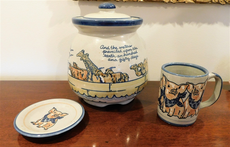 Louisville Stoneware "Noahs Ark" Cookie Jar and Pig Mug and Saucer - Jar is 8" tall 