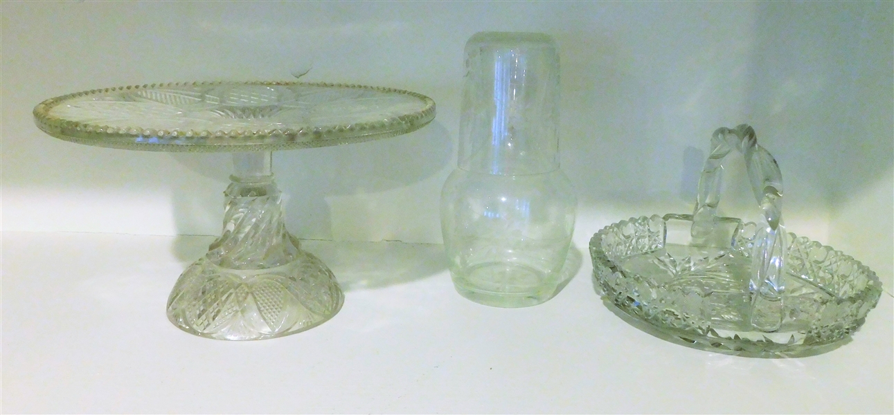 Glass Cake Stand 9" across 5" tall, Water Bottle with Glass, and Glass Basket