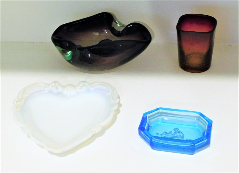 Amberina Shotglass, Art Glass Ash Tray, Blue Salt Dip, and Other