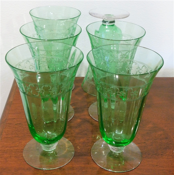 6 Green Elegant Glass  6" Glasses Clear Foot, Etched Decoration - 1 Has Minor Nicks 