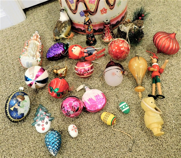 Lot of Christmas Ornaments including Mouth Blown, Mercury Glass, Wood, and Glass 