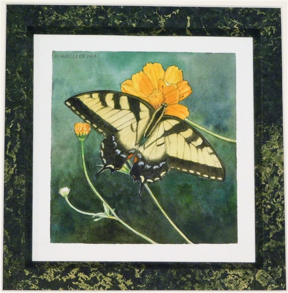 M. Mueller 1998 Butterfly Watercolor Painting - Framed and Matted - 13 1/2" by 13 1/2"