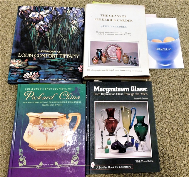 "The Masterworks of Louis Comfort Tiffany", "The Glass of Frederick Carder", "Pickard China", and "Morgantown Glass"