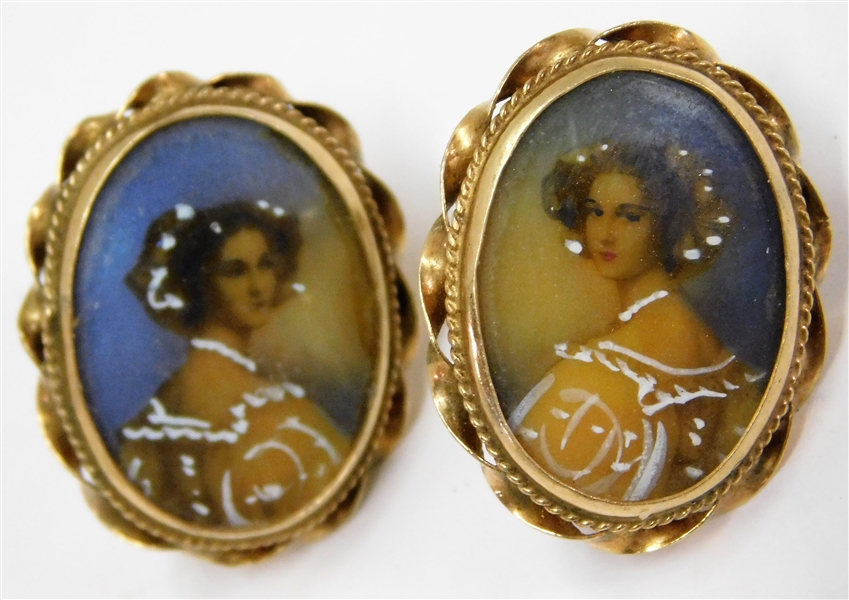 Pair of 14kt Yellow Gold Screw Back Earrings with Hand Painted Portraits - 3/4 of an Inch Long