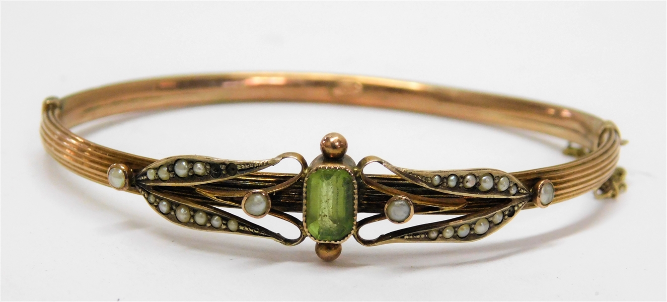 English 9ct Yellow Gold  Bracelet with Peridot Stone and Seed Pearls - Missing 3 Pearls 